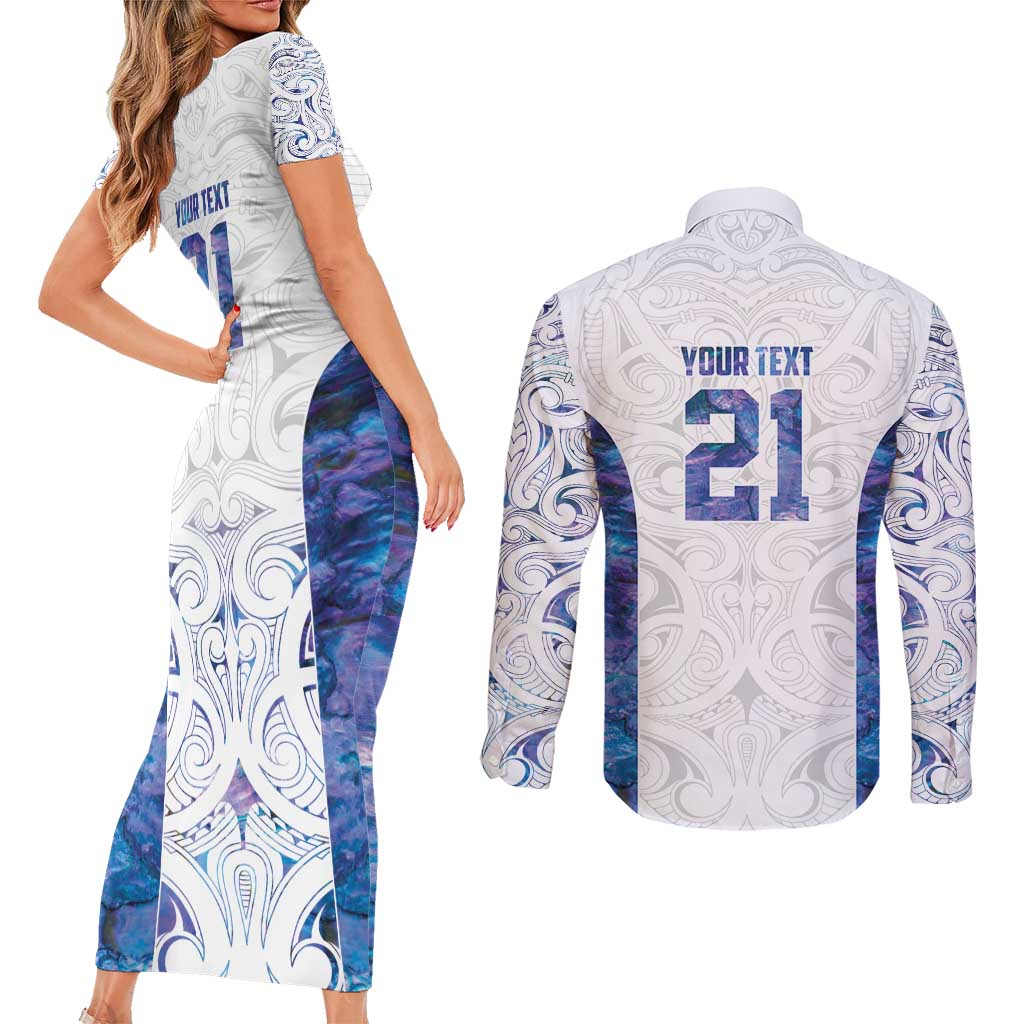 Custom New Zealand Aotearoa Couples Matching Short Sleeve Bodycon Dress and Long Sleeve Button Shirt Purple Maori Paua Shell Indigenous - Polynesian Pride