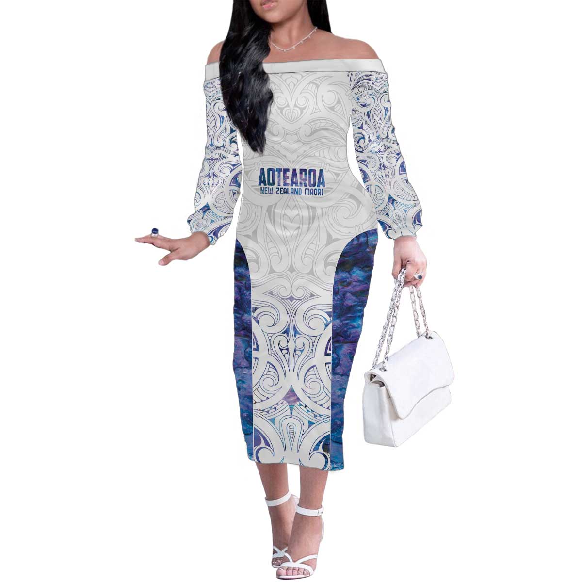 Custom New Zealand Aotearoa Family Matching Off The Shoulder Long Sleeve Dress and Hawaiian Shirt Purple Maori Paua Shell Indigenous - Polynesian Pride