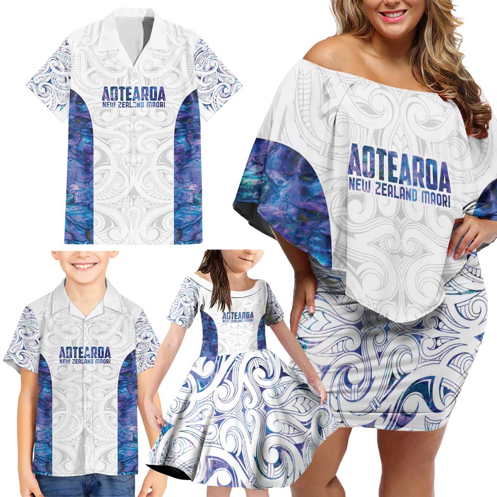 Custom New Zealand Aotearoa Family Matching Off Shoulder Short Dress and Hawaiian Shirt Purple Maori Paua Shell Indigenous - Polynesian Pride
