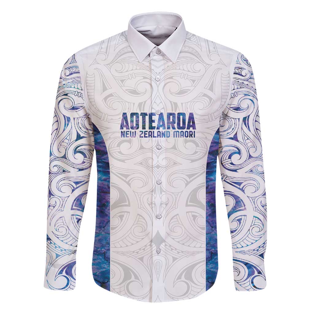 Custom New Zealand Aotearoa Family Matching Off Shoulder Short Dress and Hawaiian Shirt Purple Maori Paua Shell Indigenous LT9 Dad's Shirt - Long Sleeve Purple - Polynesian Pride