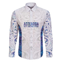 Custom New Zealand Aotearoa Family Matching Off Shoulder Short Dress and Hawaiian Shirt Purple Maori Paua Shell Indigenous LT9 Dad's Shirt - Long Sleeve Purple - Polynesian Pride