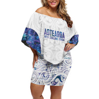 Custom New Zealand Aotearoa Family Matching Off Shoulder Short Dress and Hawaiian Shirt Purple Maori Paua Shell Indigenous LT9 Mom's Dress Purple - Polynesian Pride