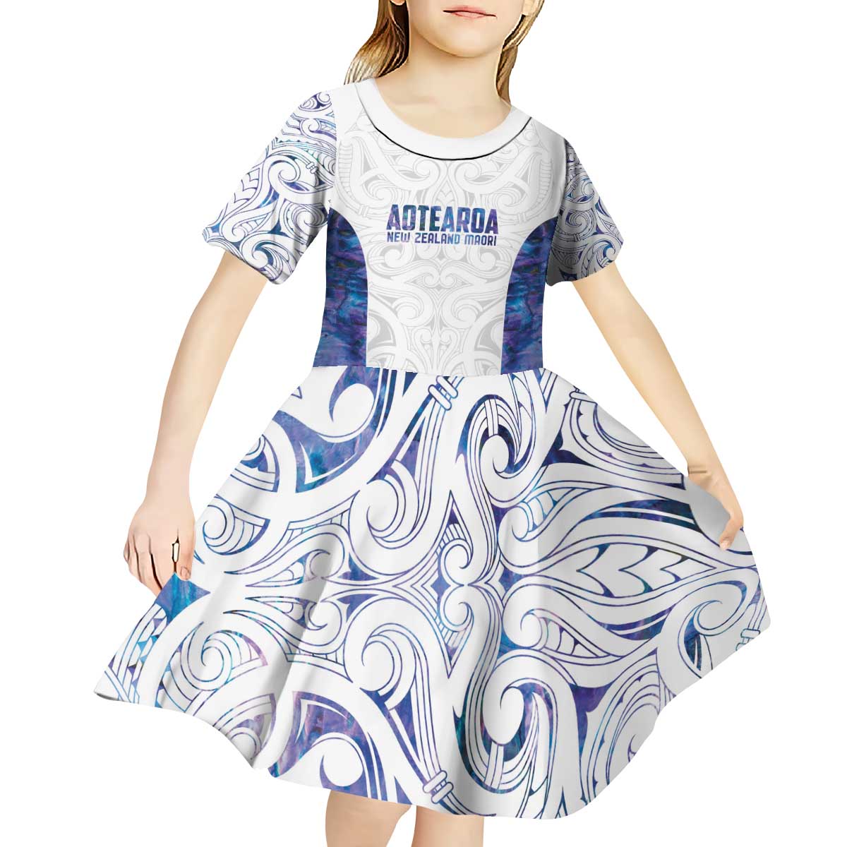 Custom New Zealand Aotearoa Kid Short Sleeve Dress Purple Maori Paua Shell Indigenous - Polynesian Pride