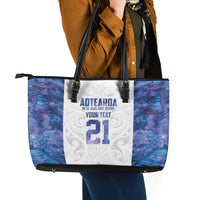 Custom New Zealand Aotearoa Leather Tote Bag Purple Maori Paua Shell Indigenous - Polynesian Pride