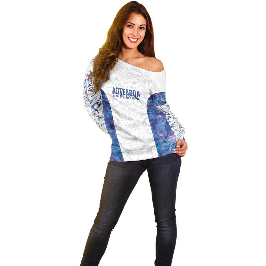 Custom New Zealand Aotearoa Off Shoulder Sweater Purple Maori Paua Shell Indigenous - Polynesian Pride