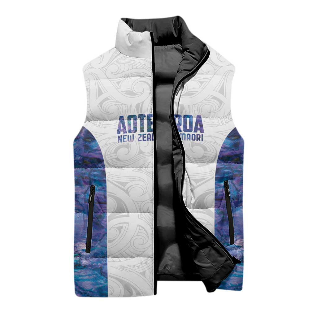 Custom New Zealand Aotearoa Sleeveless Puffer Jacket Purple Maori Paua Shell Indigenous - Polynesian Pride