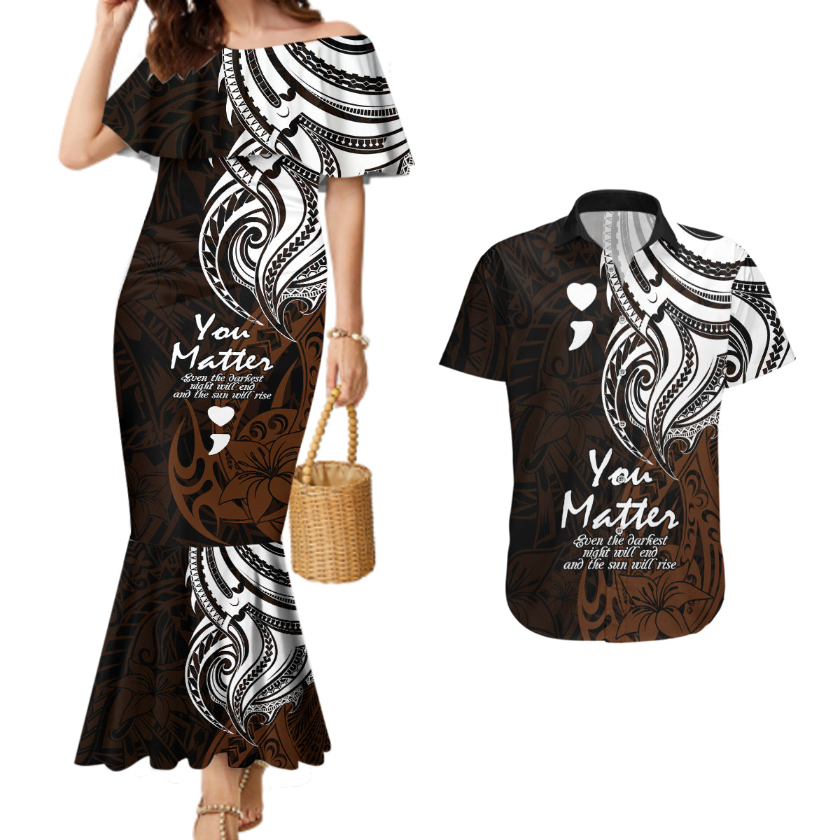 Your Matter Suicide Prevention Couples Matching Mermaid Dress and Hawaiian Shirt Gold Polynesian Tribal LT9 Gold - Polynesian Pride