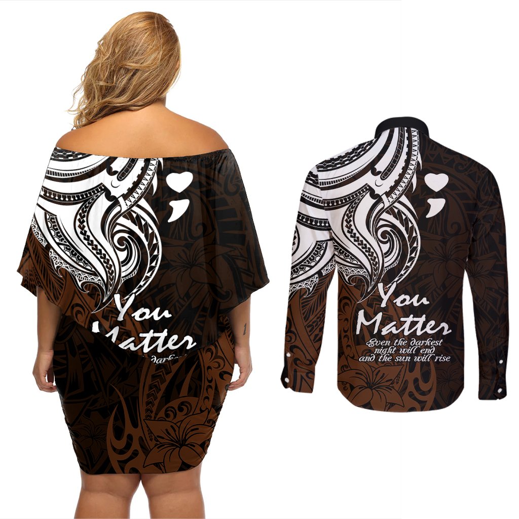Your Matter Suicide Prevention Couples Matching Off Shoulder Short Dress and Long Sleeve Button Shirts Gold Polynesian Tribal LT9 - Polynesian Pride