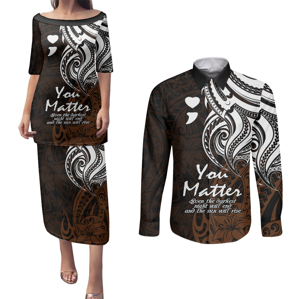Your Matter Suicide Prevention Couples Matching Puletasi Dress and Long Sleeve Button Shirts Gold Polynesian Tribal LT9 Gold - Polynesian Pride