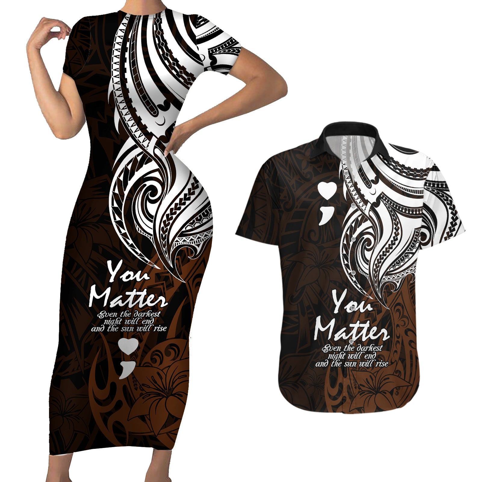 Your Matter Suicide Prevention Couples Matching Short Sleeve Bodycon Dress and Hawaiian Shirt Gold Polynesian Tribal LT9 Gold - Polynesian Pride