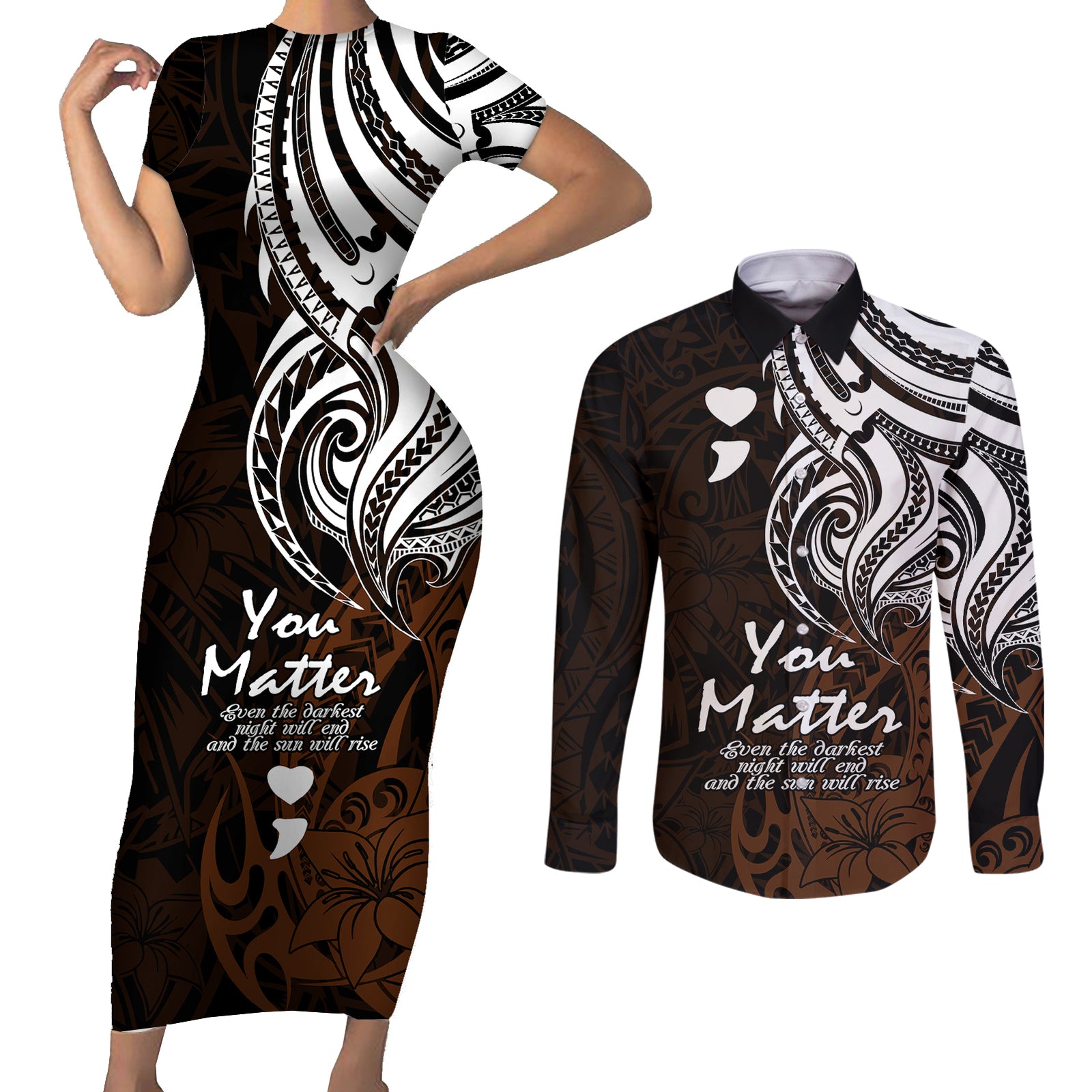 Your Matter Suicide Prevention Couples Matching Short Sleeve Bodycon Dress and Long Sleeve Button Shirts Gold Polynesian Tribal LT9 Gold - Polynesian Pride