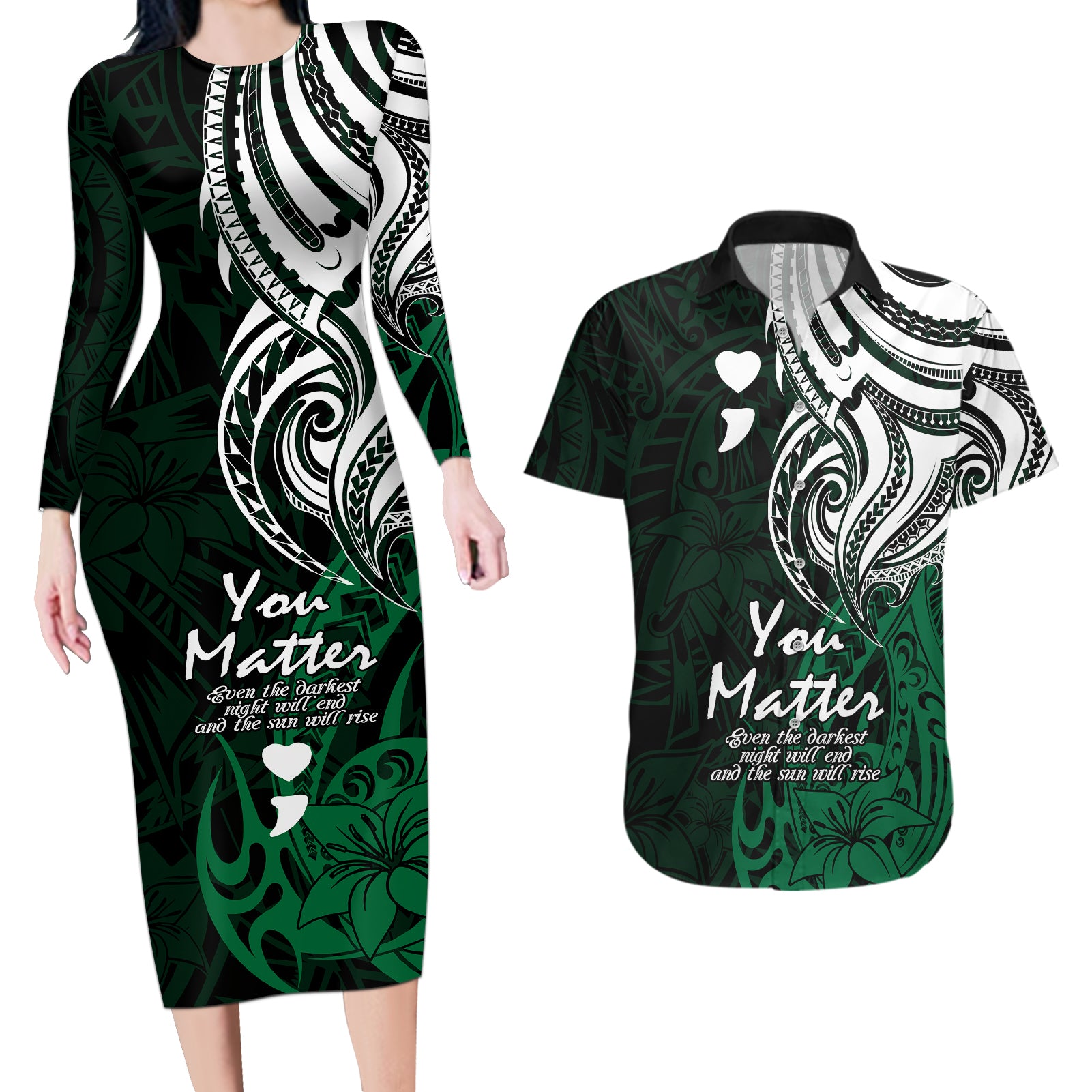 Your Matter Suicide Prevention Couples Matching Long Sleeve Bodycon Dress and Hawaiian Shirt Green Polynesian Tribal LT9 Green - Polynesian Pride