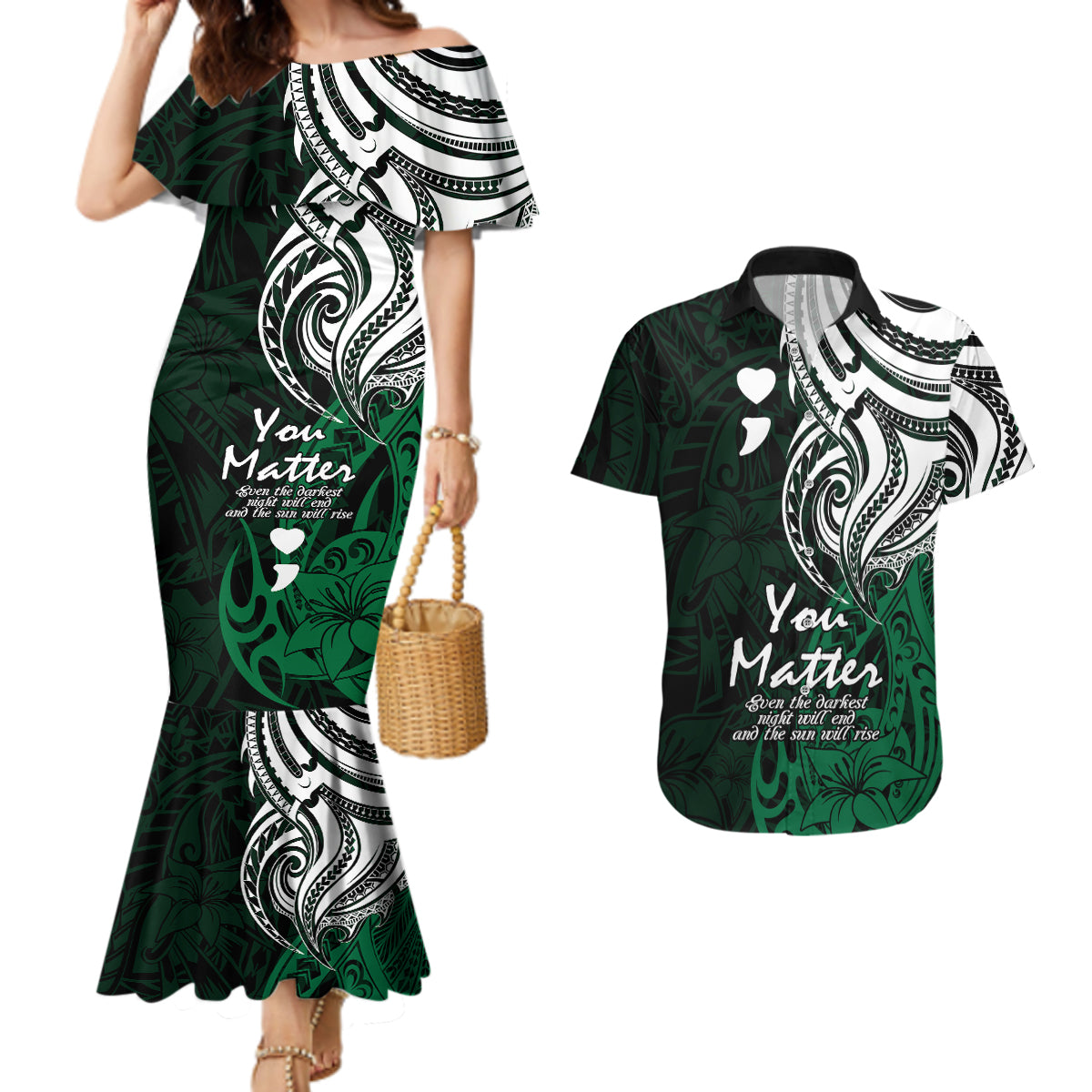 Your Matter Suicide Prevention Couples Matching Mermaid Dress and Hawaiian Shirt Green Polynesian Tribal LT9 Green - Polynesian Pride