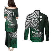 Your Matter Suicide Prevention Couples Matching Puletasi Dress and Long Sleeve Button Shirts Green Polynesian Tribal LT9 - Polynesian Pride