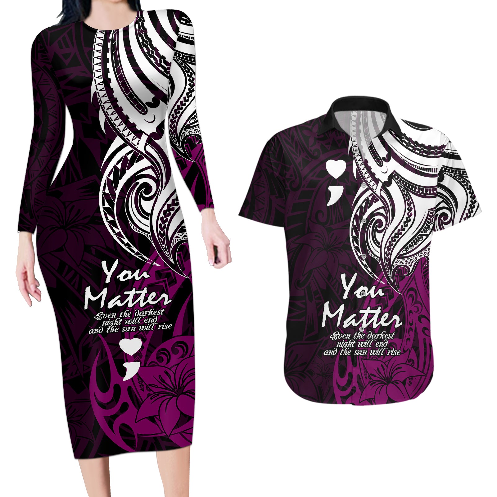 Your Matter Suicide Prevention Couples Matching Long Sleeve Bodycon Dress and Hawaiian Shirt Pink Polynesian Tribal LT9 Pink - Polynesian Pride