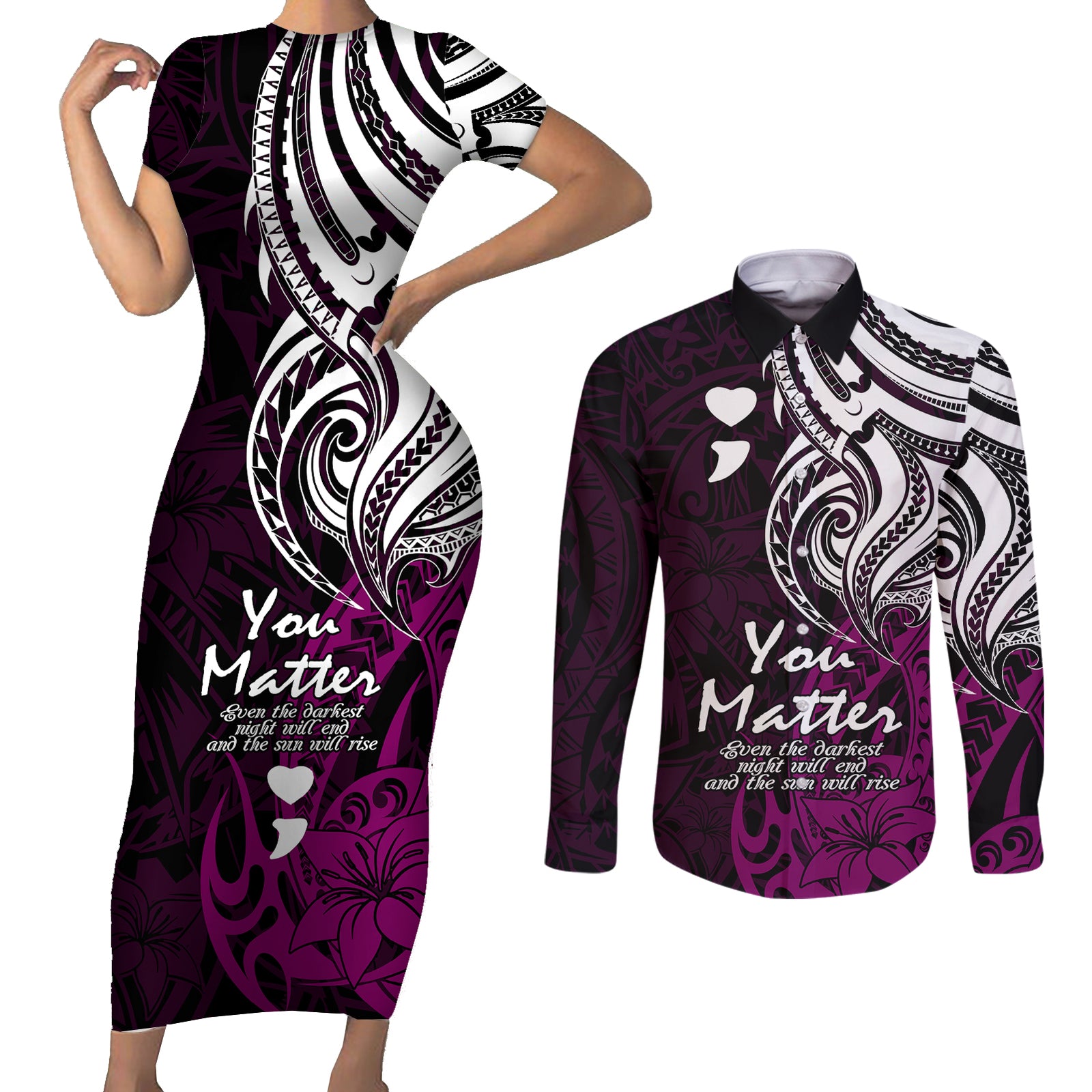 Your Matter Suicide Prevention Couples Matching Short Sleeve Bodycon Dress and Long Sleeve Button Shirts Pink Polynesian Tribal LT9 Pink - Polynesian Pride