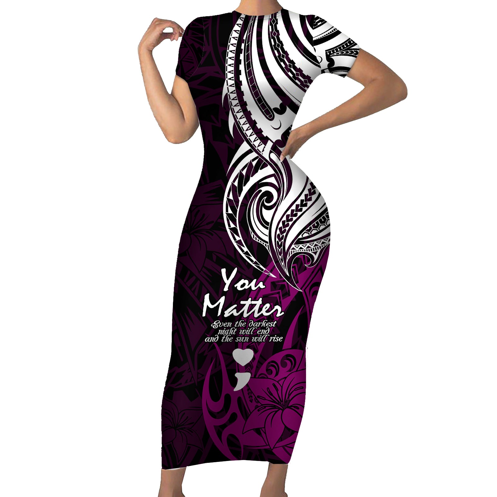 Your Matter Suicide Prevention Short Sleeve Bodycon Dress Pink Polynesian Tribal LT9 Long Dress Pink - Polynesian Pride