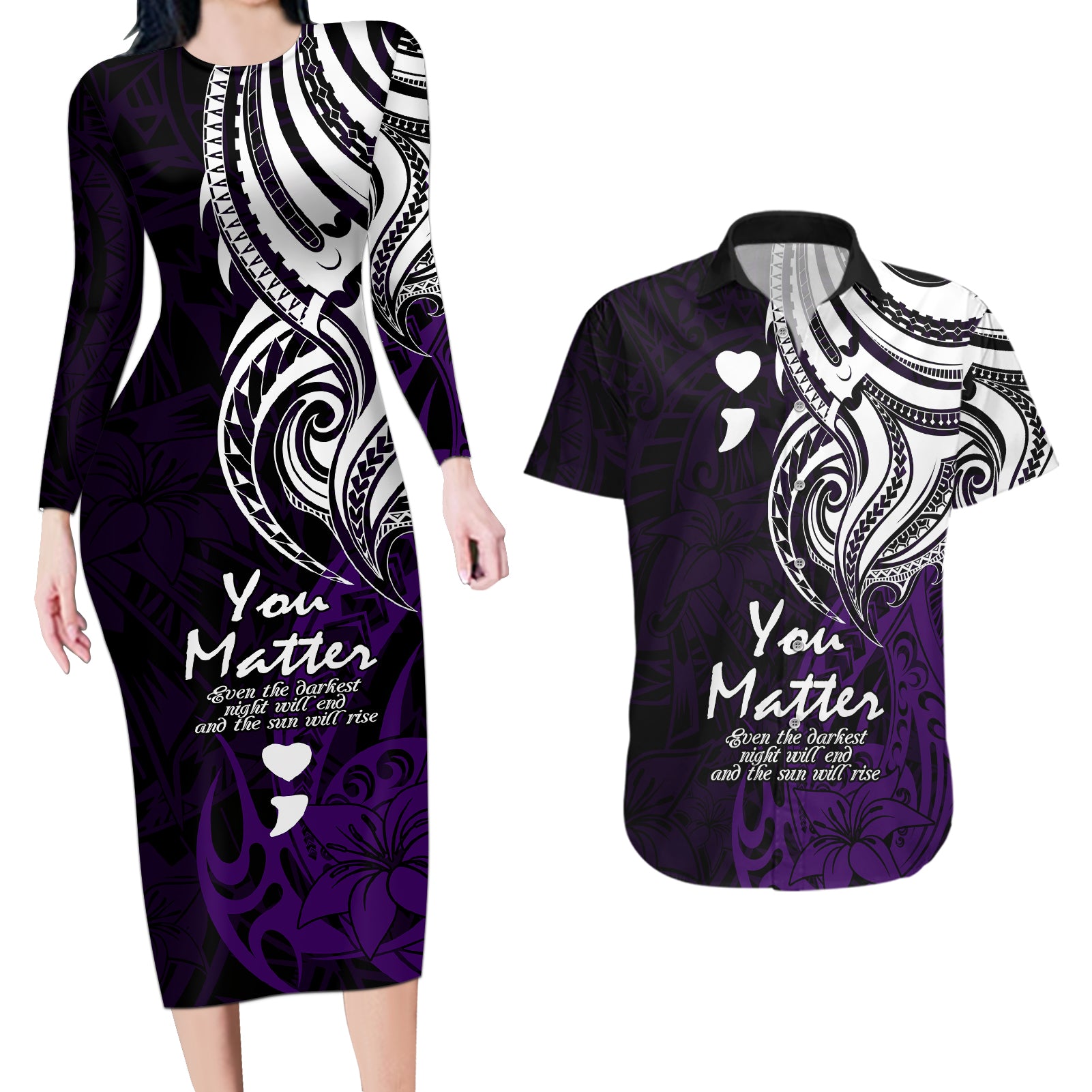 Your Matter Suicide Prevention Couples Matching Long Sleeve Bodycon Dress and Hawaiian Shirt Purple Polynesian Tribal LT9 Purple - Polynesian Pride