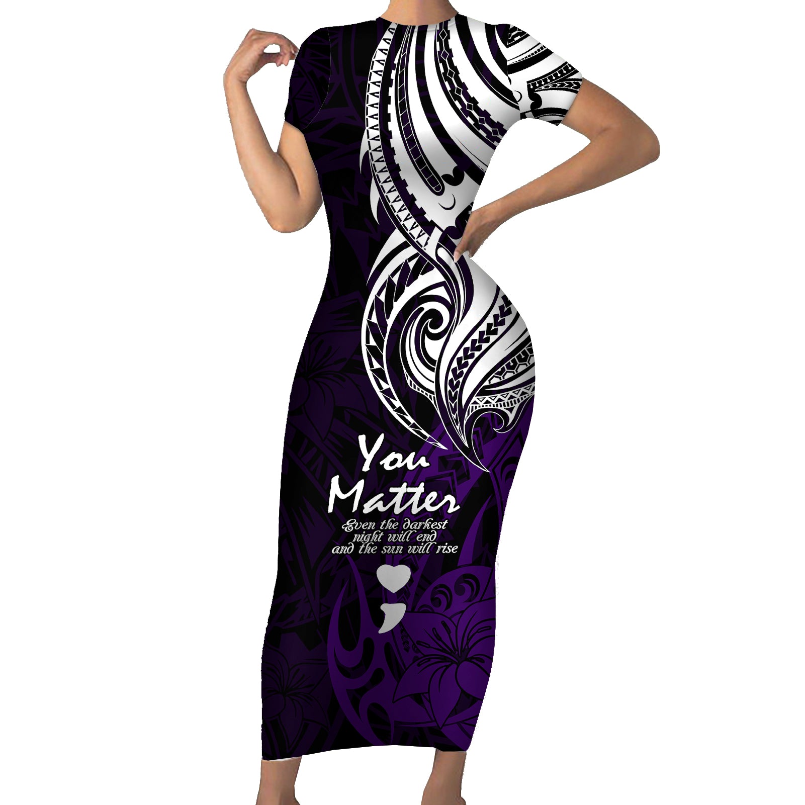 Your Matter Suicide Prevention Short Sleeve Bodycon Dress Purple Polynesian Tribal LT9 Long Dress Purple - Polynesian Pride