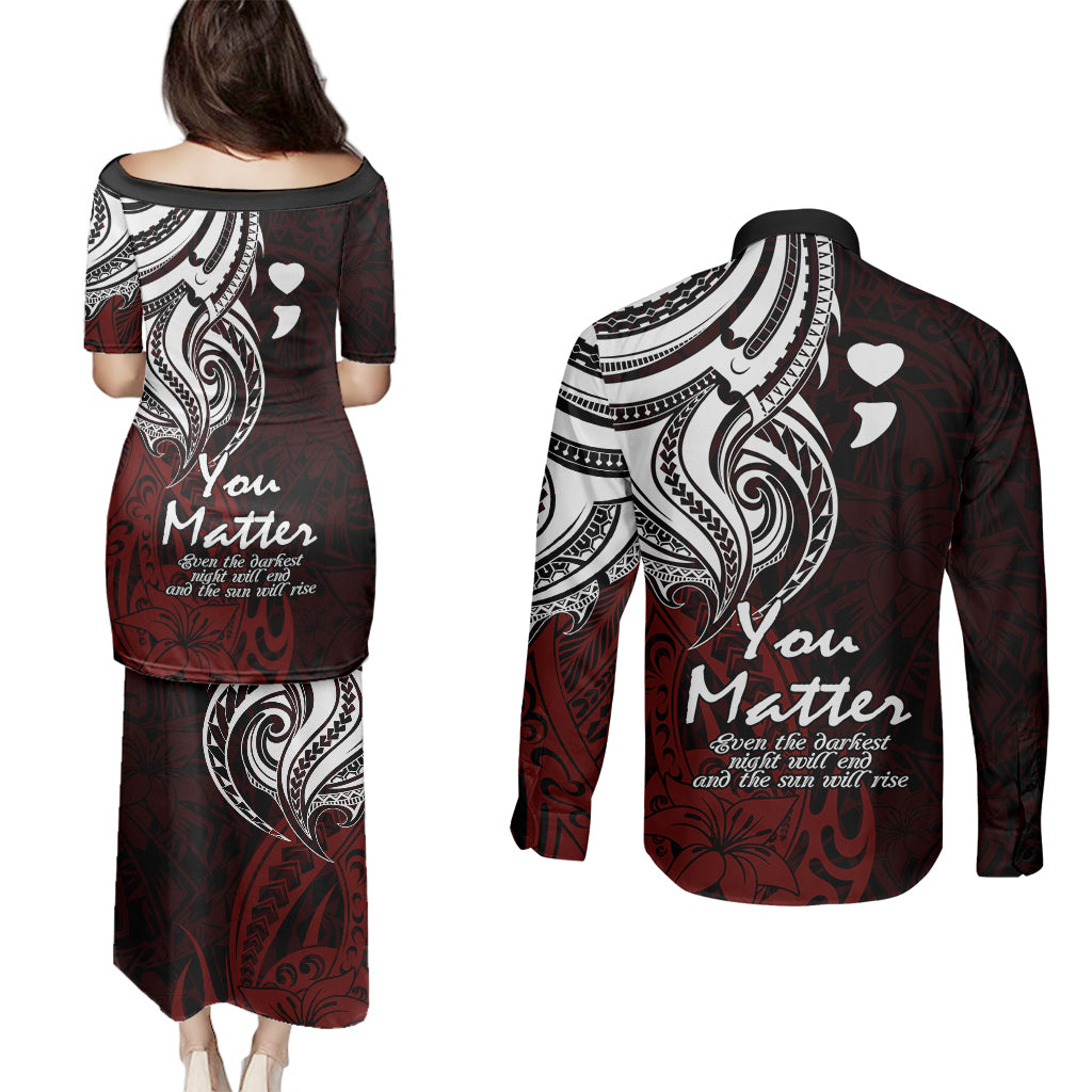 Your Matter Suicide Prevention Couples Matching Puletasi Dress and Long Sleeve Button Shirts Red Polynesian Tribal LT9 - Polynesian Pride