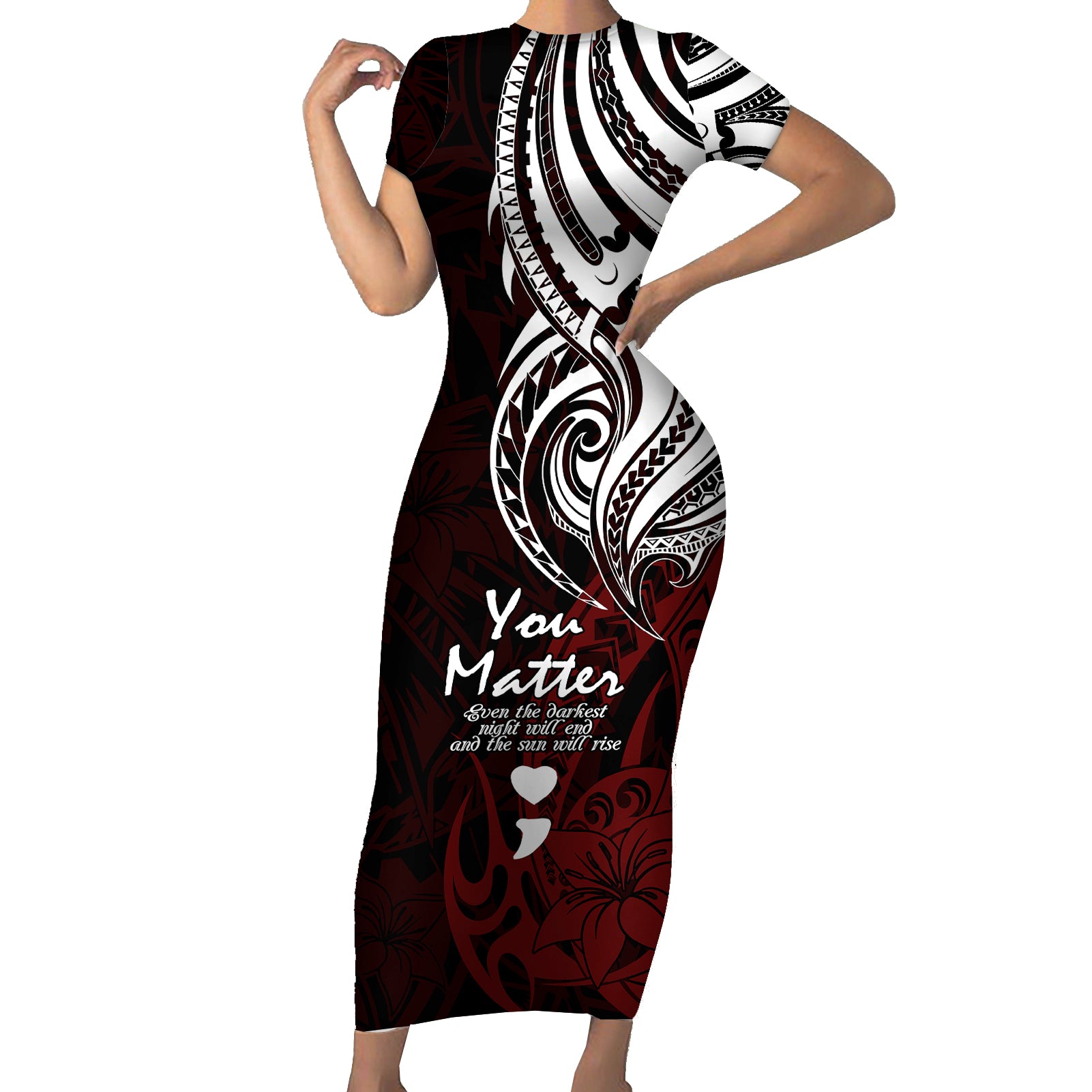 Your Matter Suicide Prevention Short Sleeve Bodycon Dress Red Polynesian Tribal LT9 Long Dress Red - Polynesian Pride