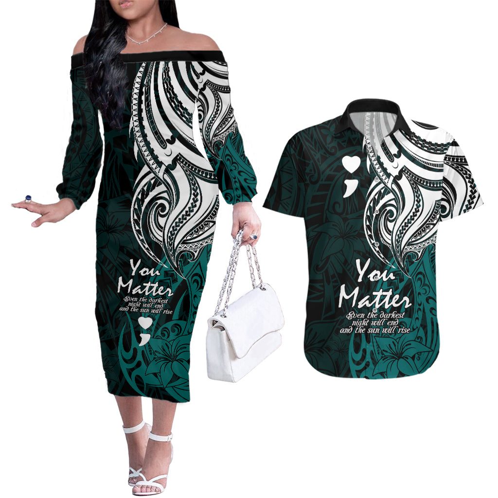 Your Matter Suicide Prevention Couples Matching Off The Shoulder Long Sleeve Dress and Hawaiian Shirt Turqoise Polynesian Tribal LT9 Turquoise - Polynesian Pride