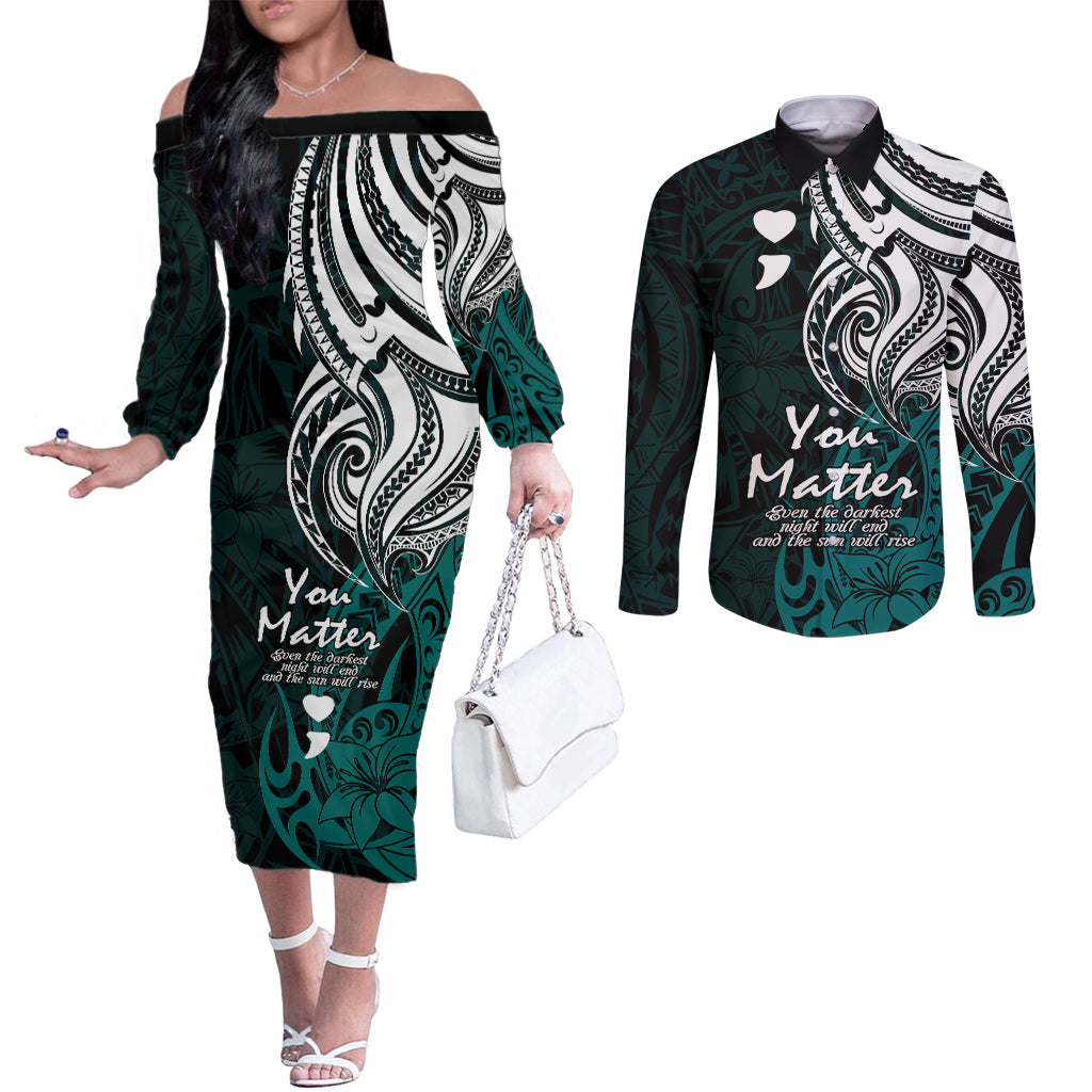 Your Matter Suicide Prevention Couples Matching Off The Shoulder Long Sleeve Dress and Long Sleeve Button Shirts Turqoise Polynesian Tribal LT9 Turquoise - Polynesian Pride