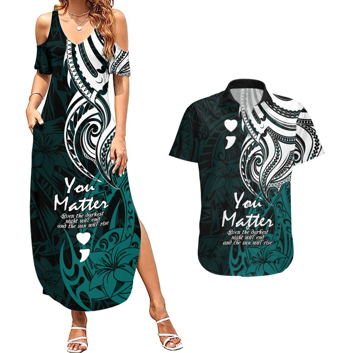 Your Matter Suicide Prevention Couples Matching Summer Maxi Dress and Hawaiian Shirt Turqoise Polynesian Tribal LT9 Turquoise - Polynesian Pride