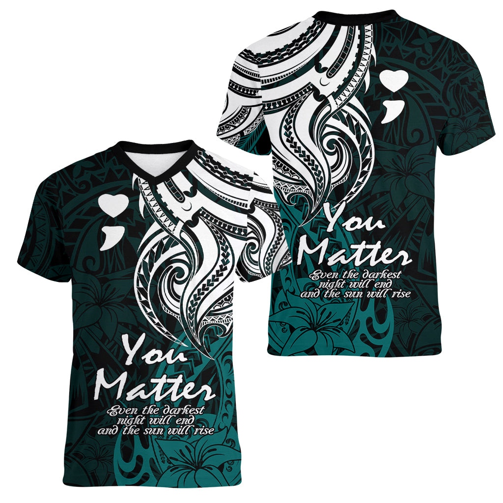Your Matter Suicide Prevention Women V Neck T Shirt Turqoise Polynesian Tribal LT9 - Polynesian Pride