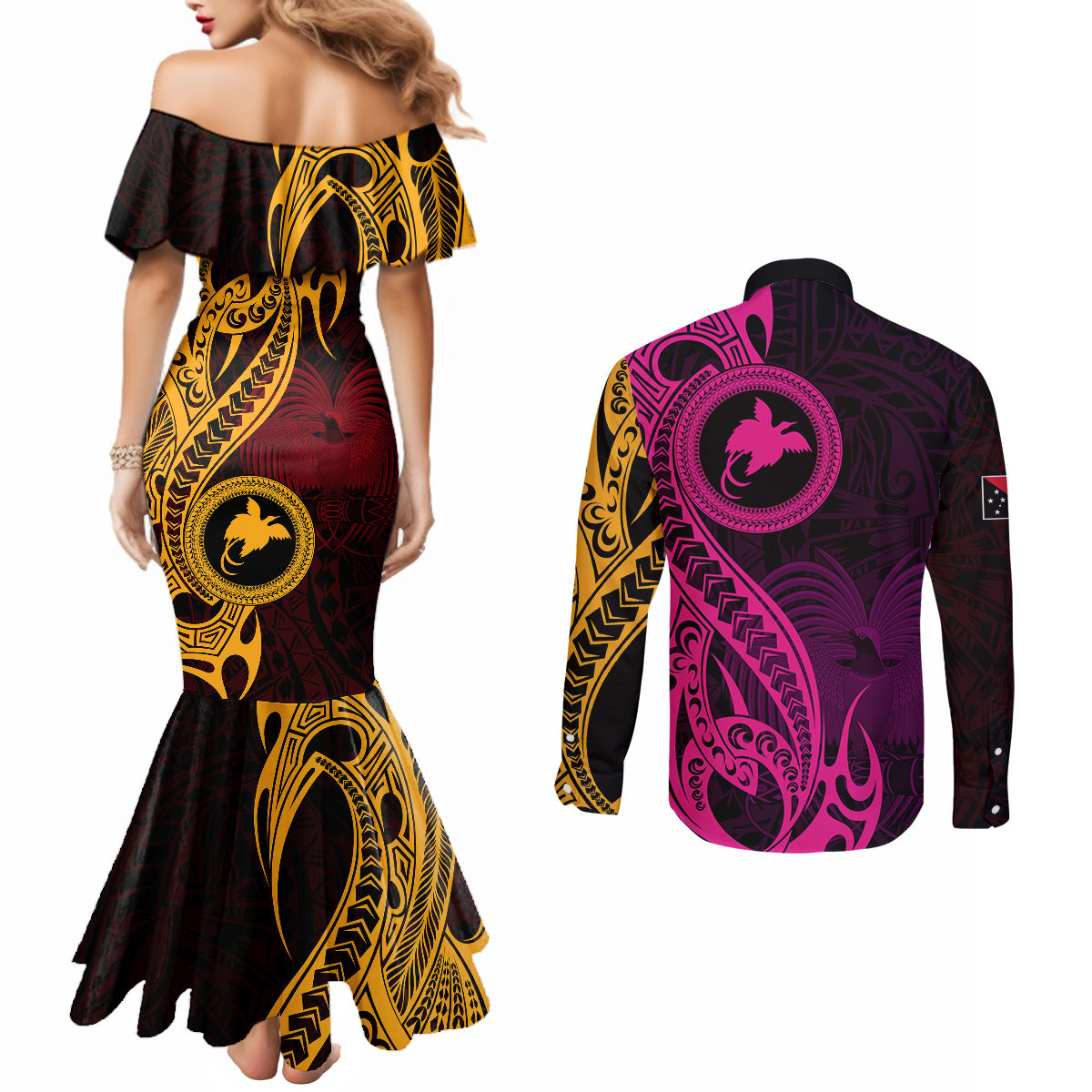 Papua New Guinea Island Couples Matching Mermaid Dress and Long Sleeve Button Shirts Bird of Paradise with Gold Polynesian Tribal LT9 - Polynesian Pride