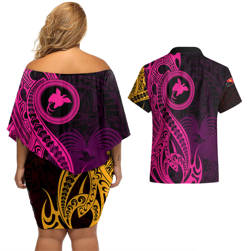 Papua New Guinea Island Couples Matching Off Shoulder Short Dress and Hawaiian Shirt Bird of Paradise with Gold Polynesian Tribal LT9 - Polynesian Pride