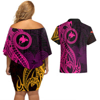 Papua New Guinea Island Couples Matching Off Shoulder Short Dress and Hawaiian Shirt Bird of Paradise with Gold Polynesian Tribal LT9 - Polynesian Pride