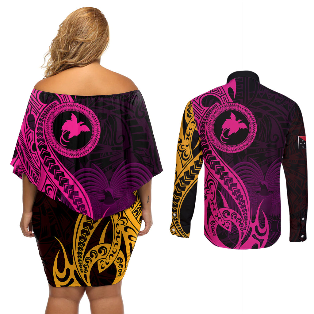 Papua New Guinea Island Couples Matching Off Shoulder Short Dress and Long Sleeve Button Shirts Bird of Paradise with Gold Polynesian Tribal LT9 - Polynesian Pride