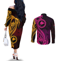 Papua New Guinea Island Couples Matching Off The Shoulder Long Sleeve Dress and Long Sleeve Button Shirts Bird of Paradise with Gold Polynesian Tribal LT9 - Polynesian Pride
