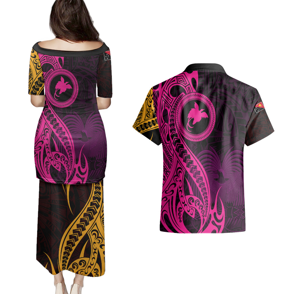 Papua New Guinea Island Couples Matching Puletasi Dress and Hawaiian Shirt Bird of Paradise with Gold Polynesian Tribal LT9 - Polynesian Pride