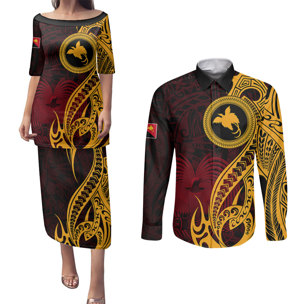 Papua New Guinea Island Couples Matching Puletasi Dress and Long Sleeve Button Shirts Bird of Paradise with Gold Polynesian Tribal LT9 Gold - Polynesian Pride