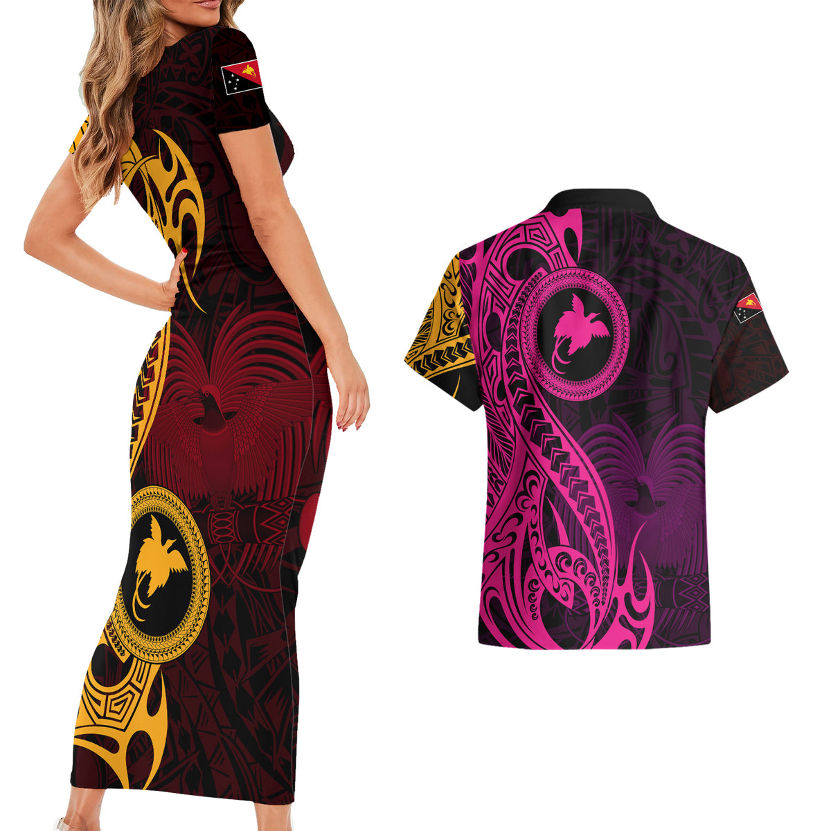 Papua New Guinea Island Couples Matching Short Sleeve Bodycon Dress and Hawaiian Shirt Bird of Paradise with Gold Polynesian Tribal LT9 - Polynesian Pride