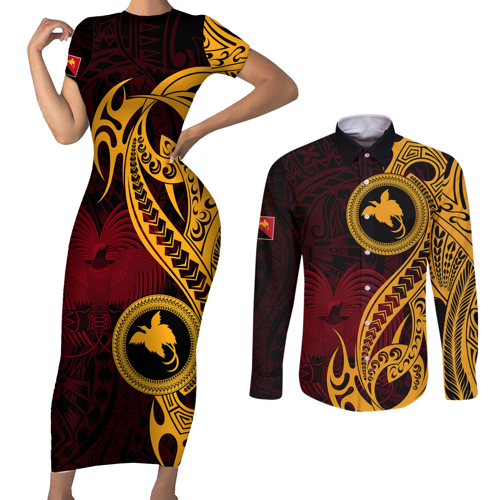 Papua New Guinea Island Couples Matching Short Sleeve Bodycon Dress and Long Sleeve Button Shirts Bird of Paradise with Gold Polynesian Tribal LT9 Gold - Polynesian Pride