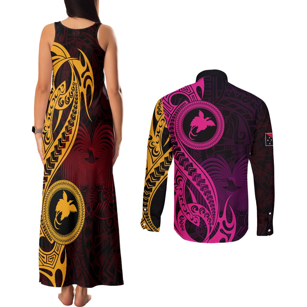 Papua New Guinea Island Couples Matching Tank Maxi Dress and Long Sleeve Button Shirts Bird of Paradise with Gold Polynesian Tribal LT9 - Polynesian Pride