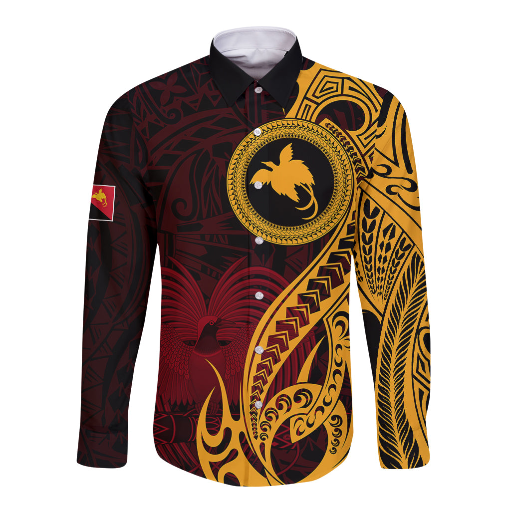 Papua New Guinea Island Long Sleeve Button Shirt Bird of Paradise with Gold Polynesian Tribal LT9 Unisex Gold - Polynesian Pride