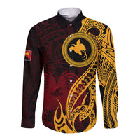 Papua New Guinea Island Long Sleeve Button Shirt Bird of Paradise with Gold Polynesian Tribal LT9 Unisex Gold - Polynesian Pride