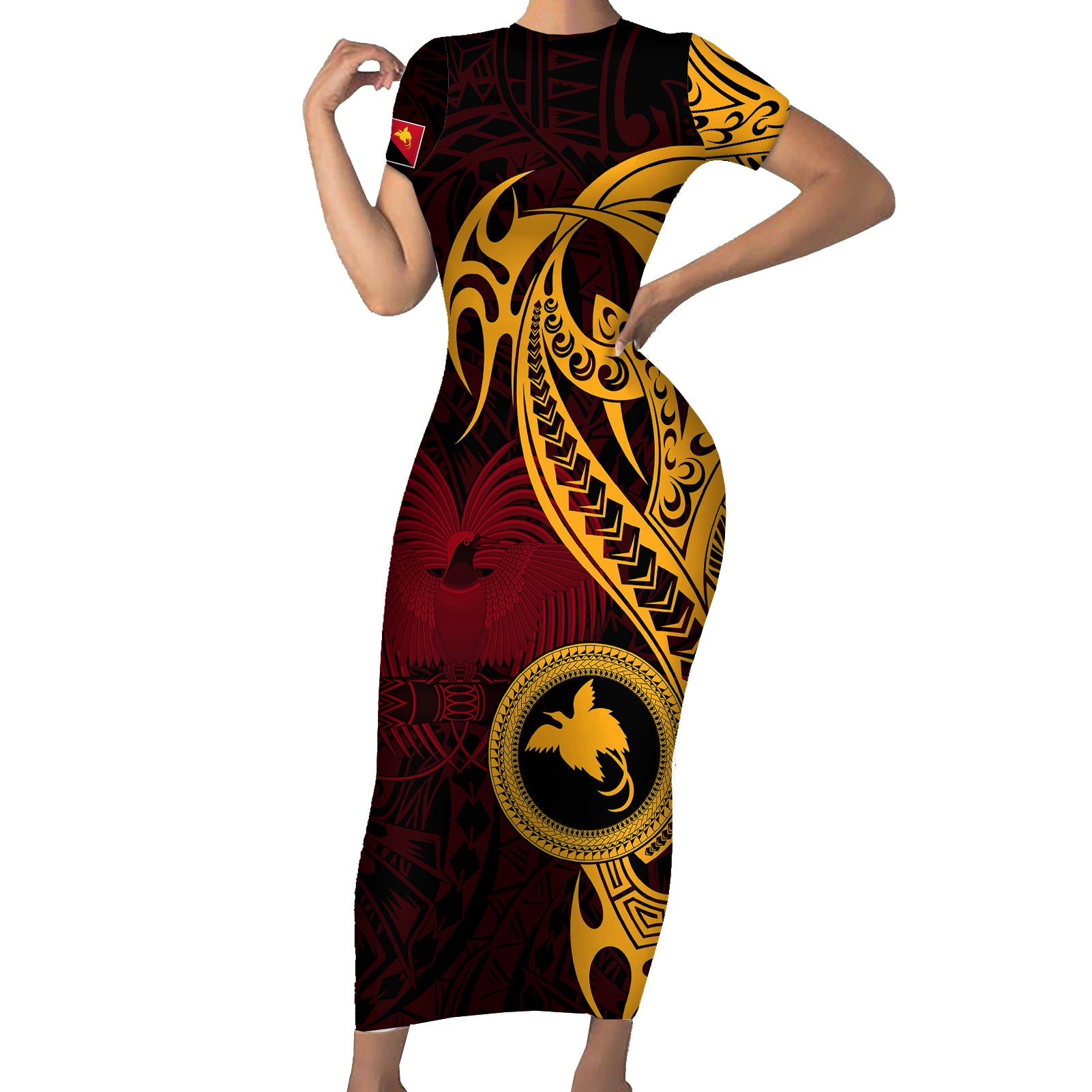 Papua New Guinea Island Short Sleeve Bodycon Dress Bird of Paradise with Gold Polynesian Tribal LT9 Long Dress Gold - Polynesian Pride