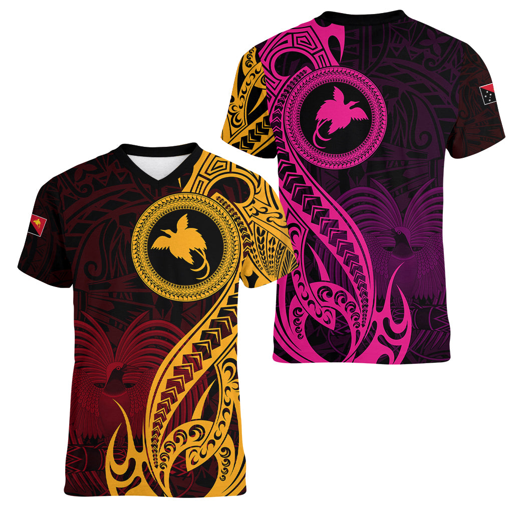 Papua New Guinea Island Women V Neck T Shirt Bird of Paradise with Gold Polynesian Tribal LT9 - Polynesian Pride