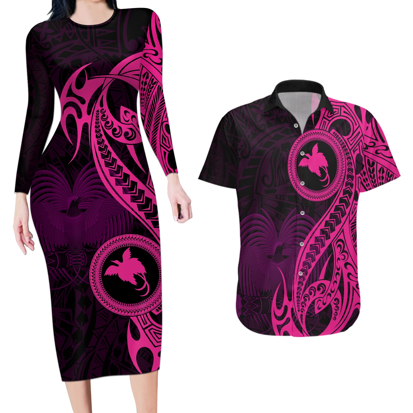 Papua New Guinea Island Couples Matching Long Sleeve Bodycon Dress and Hawaiian Shirt Bird of Paradise with Pink Polynesian Tribal LT9 Pink - Polynesian Pride