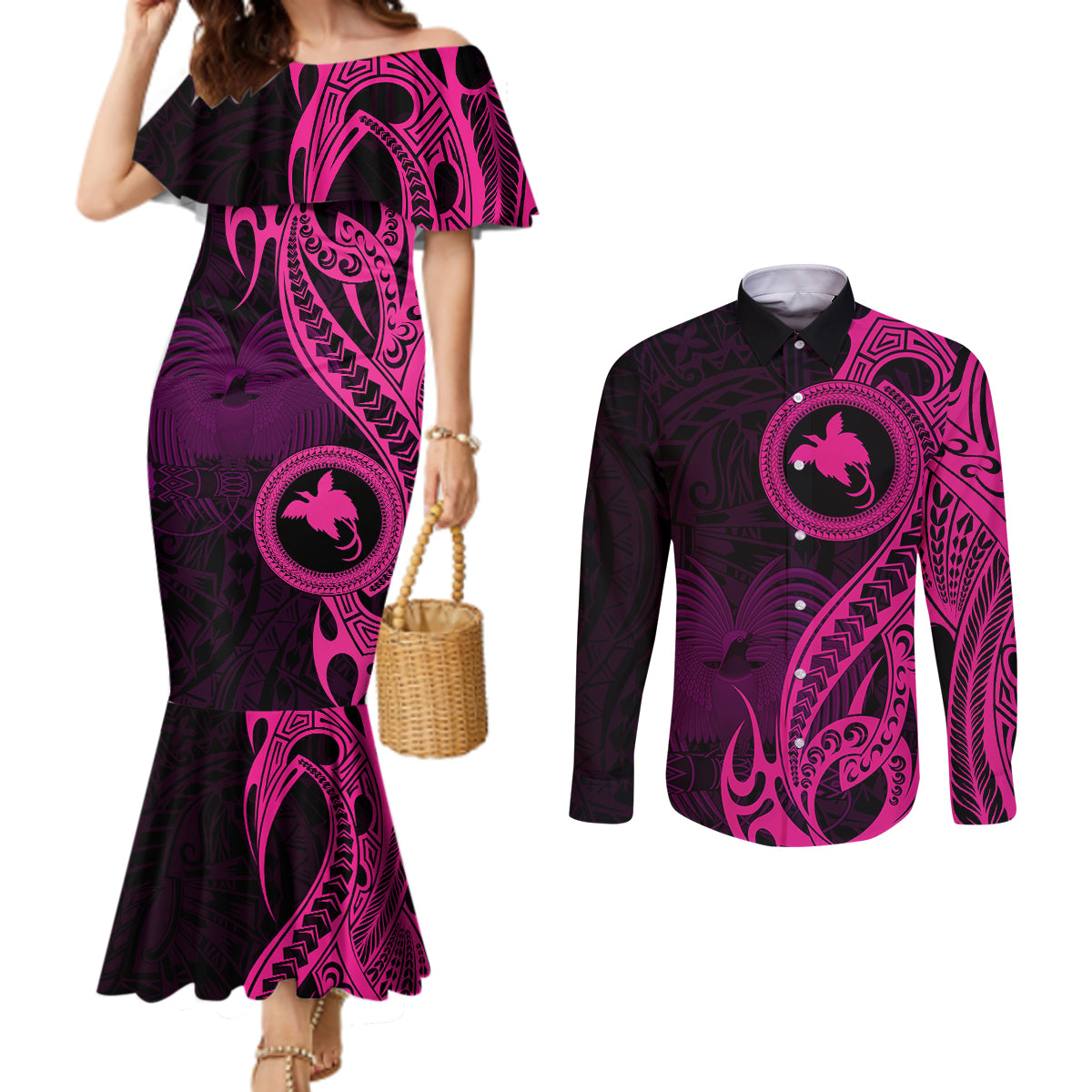 Papua New Guinea Island Couples Matching Mermaid Dress and Long Sleeve Button Shirts Bird of Paradise with Pink Polynesian Tribal LT9 Pink - Polynesian Pride