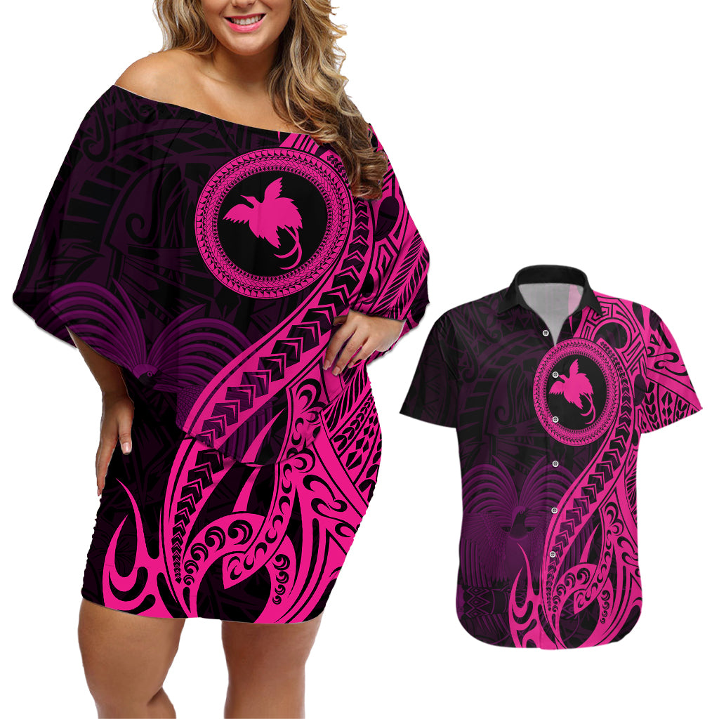 Papua New Guinea Island Couples Matching Off Shoulder Short Dress and Hawaiian Shirt Bird of Paradise with Pink Polynesian Tribal LT9 Pink - Polynesian Pride