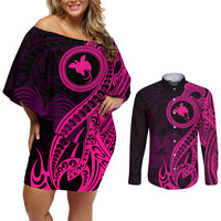 Papua New Guinea Island Couples Matching Off Shoulder Short Dress and Long Sleeve Button Shirts Bird of Paradise with Pink Polynesian Tribal LT9 Pink - Polynesian Pride