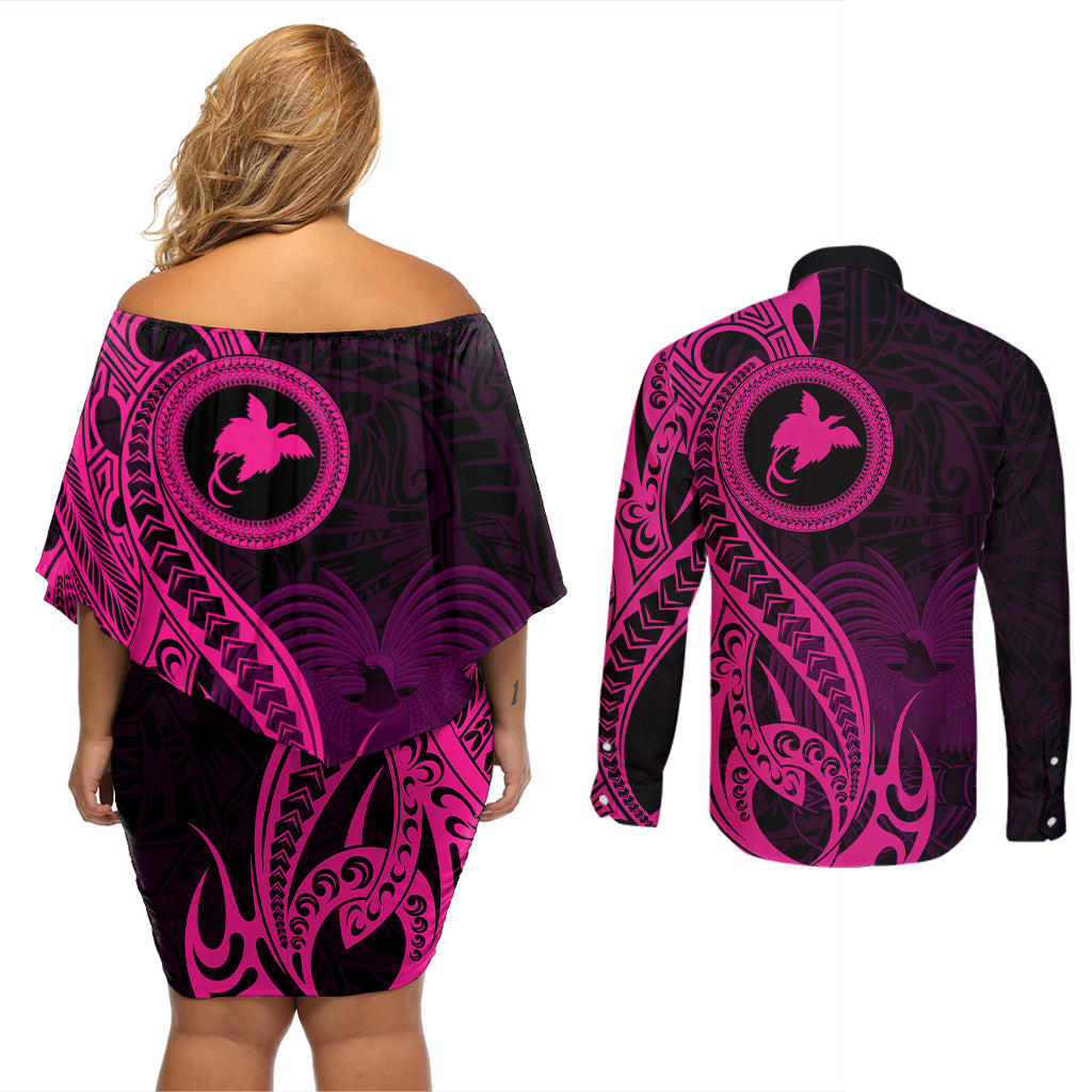 Papua New Guinea Island Couples Matching Off Shoulder Short Dress and Long Sleeve Button Shirts Bird of Paradise with Pink Polynesian Tribal LT9 - Polynesian Pride