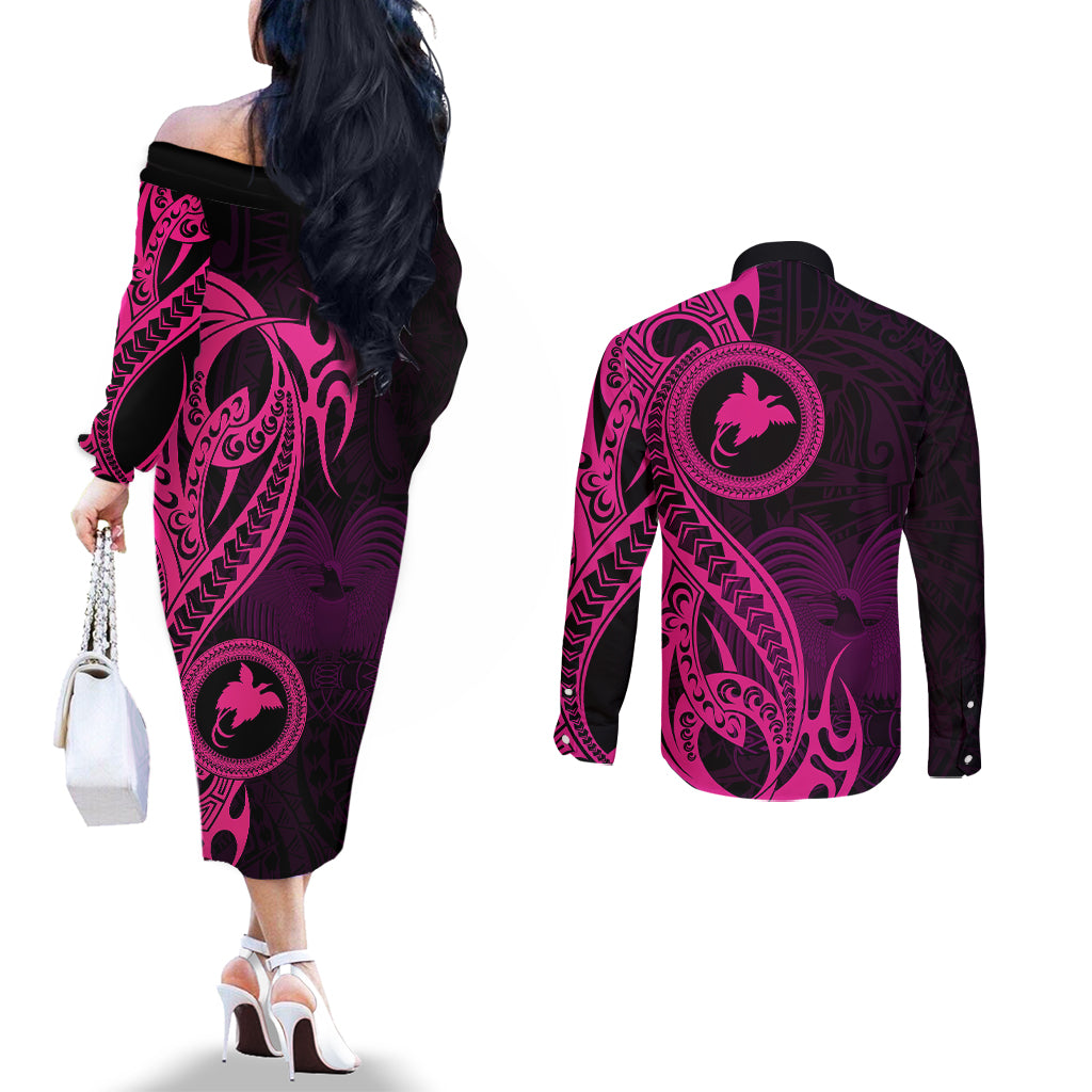 Papua New Guinea Island Couples Matching Off The Shoulder Long Sleeve Dress and Long Sleeve Button Shirts Bird of Paradise with Pink Polynesian Tribal LT9 - Polynesian Pride