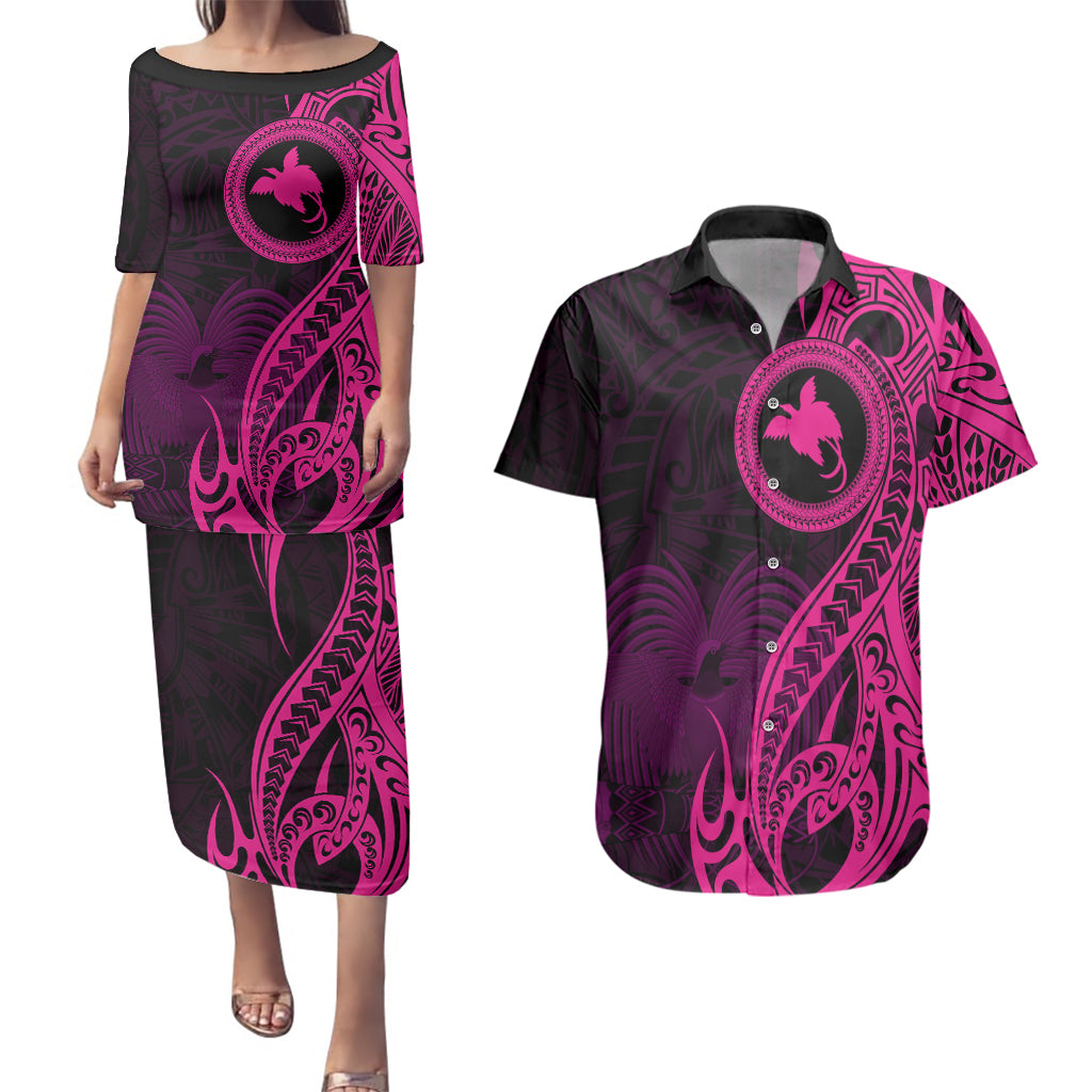 Papua New Guinea Island Couples Matching Puletasi Dress and Hawaiian Shirt Bird of Paradise with Pink Polynesian Tribal LT9 Pink - Polynesian Pride